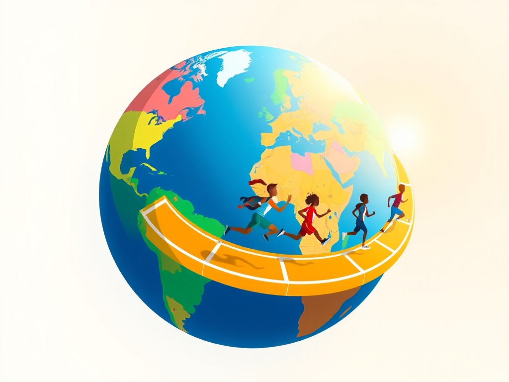 Illustration of a colorful globe with four runners in motion on a circular track around it, symbolizing global participation in a running event.