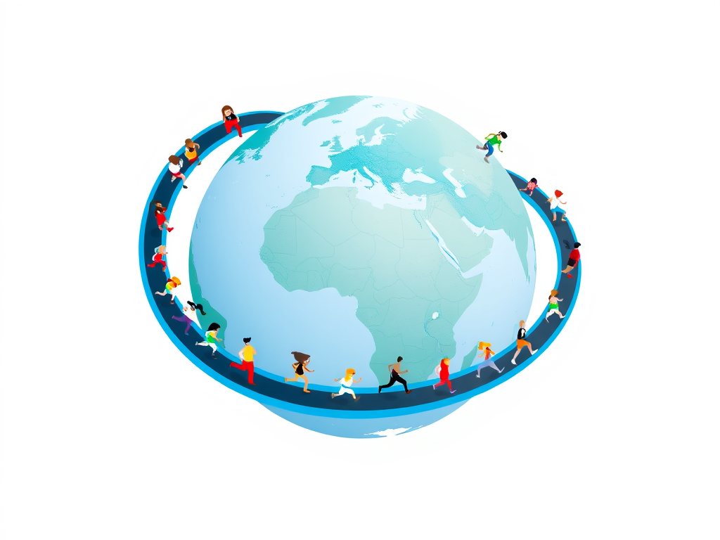 Illustration of diverse runners circling a stylized globe, symbolizing a global running community.